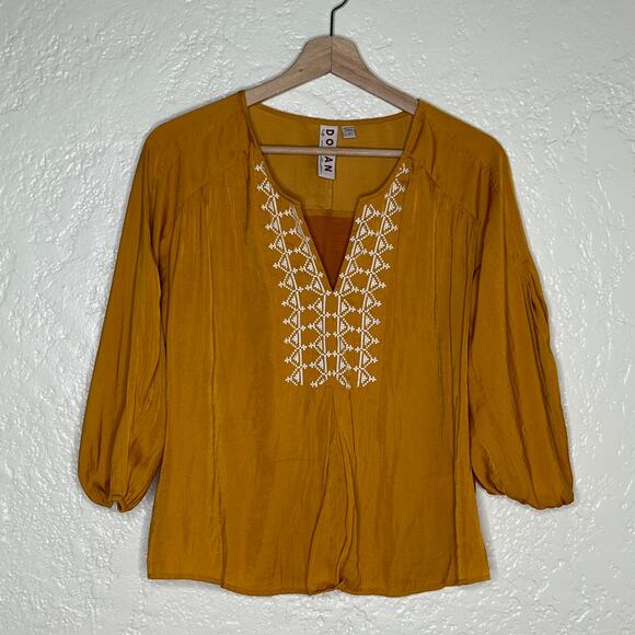 Dolan Anthropologie Women's Gold Alvia Peasant Embroidered Boho Top Size XS - Picture 1 of 7